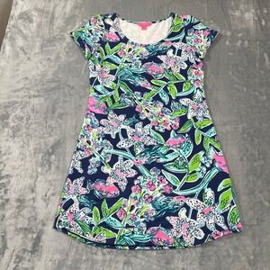 Lilly Pulitzer Dress Small Navy Tropical Floral Fish Print Short Sleeve T-Shirt